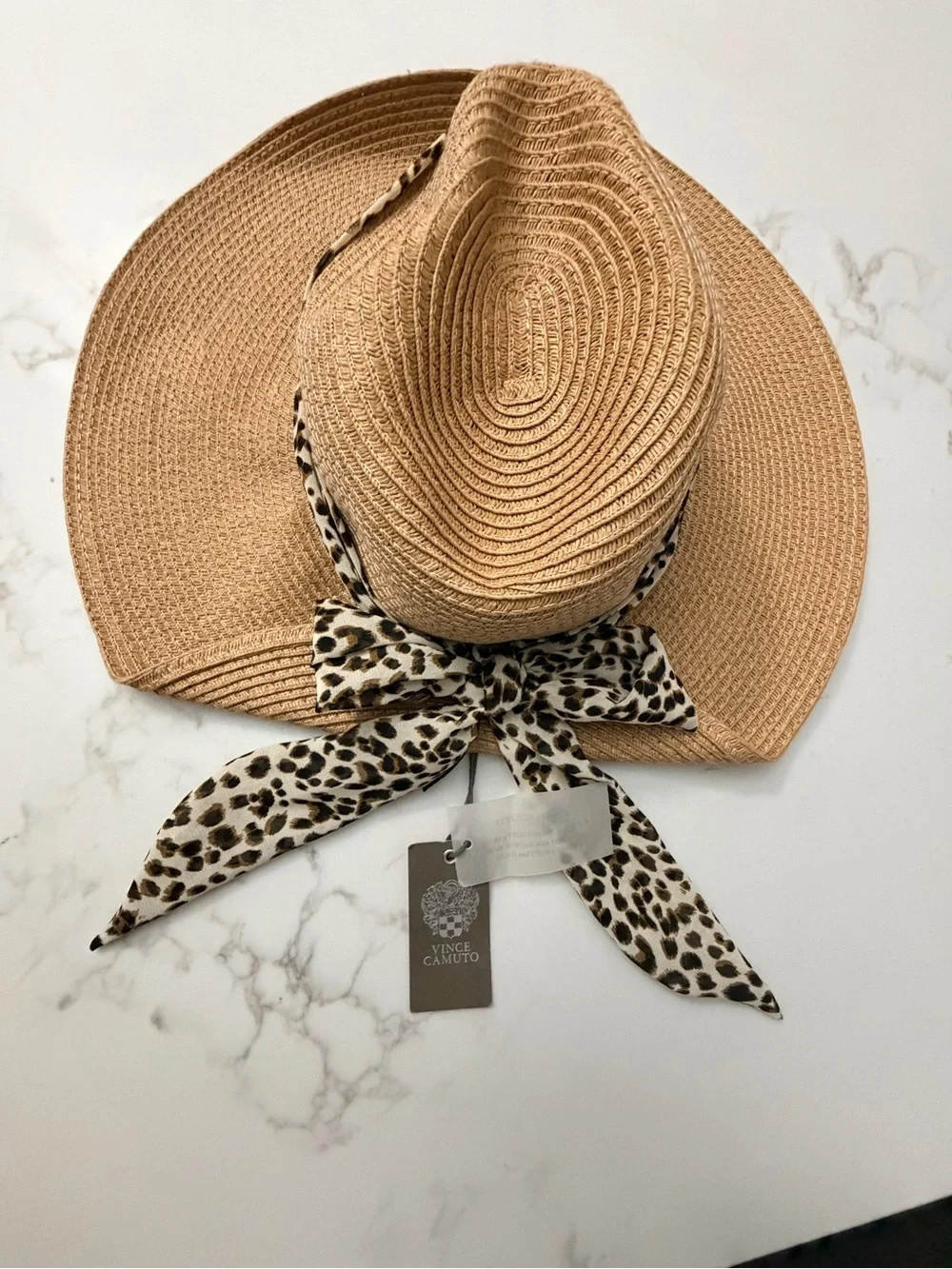 Vince Camuto Tan Straw Sun Hat with Leopard-Print Scarf